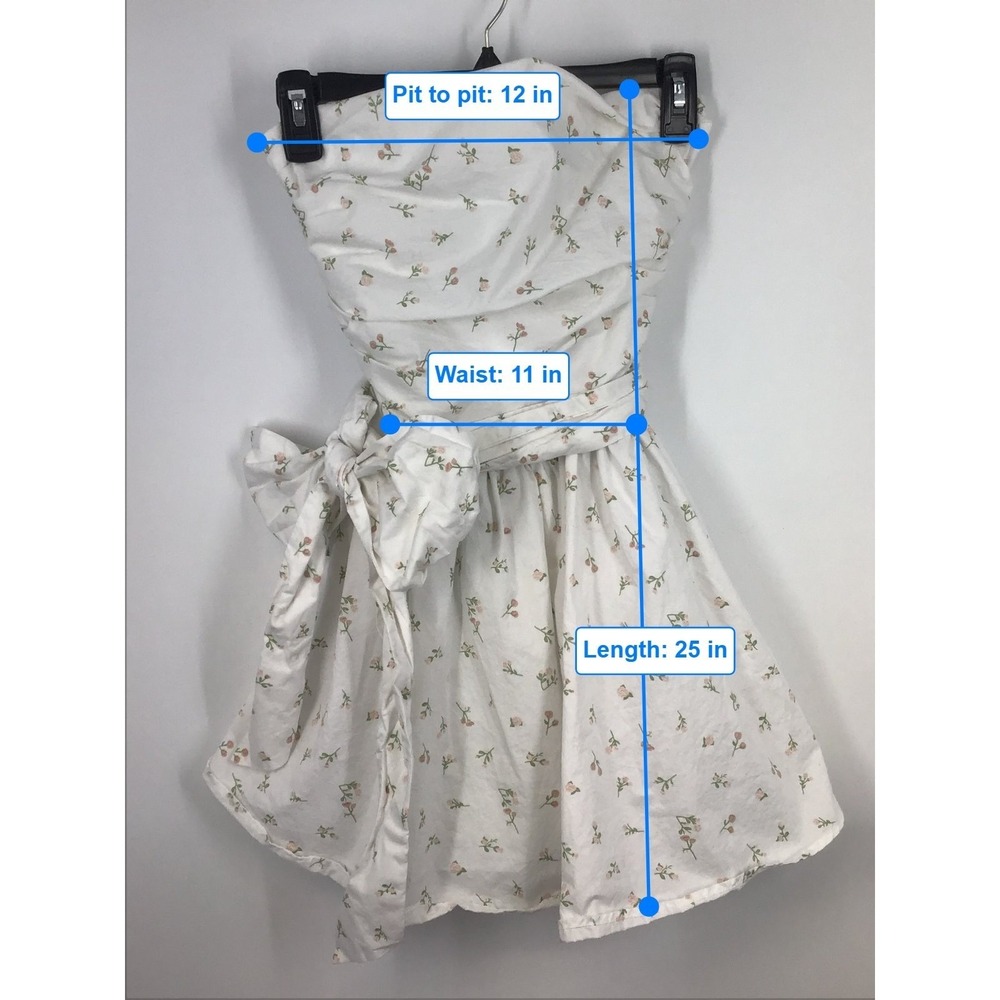 Strapless Ruched Fit & Flare Dress White Rosebud Floral Bow Sash Coquette S - Picture 8 of 10